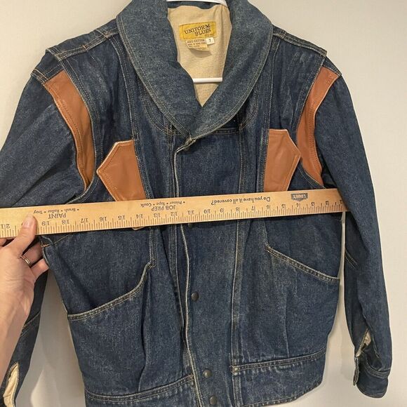 Vintage Jean Jacket Zip Off Sleeves Lined Snaps 1980s Faux Leather Accents Sz 7 - Picture 5 of 10